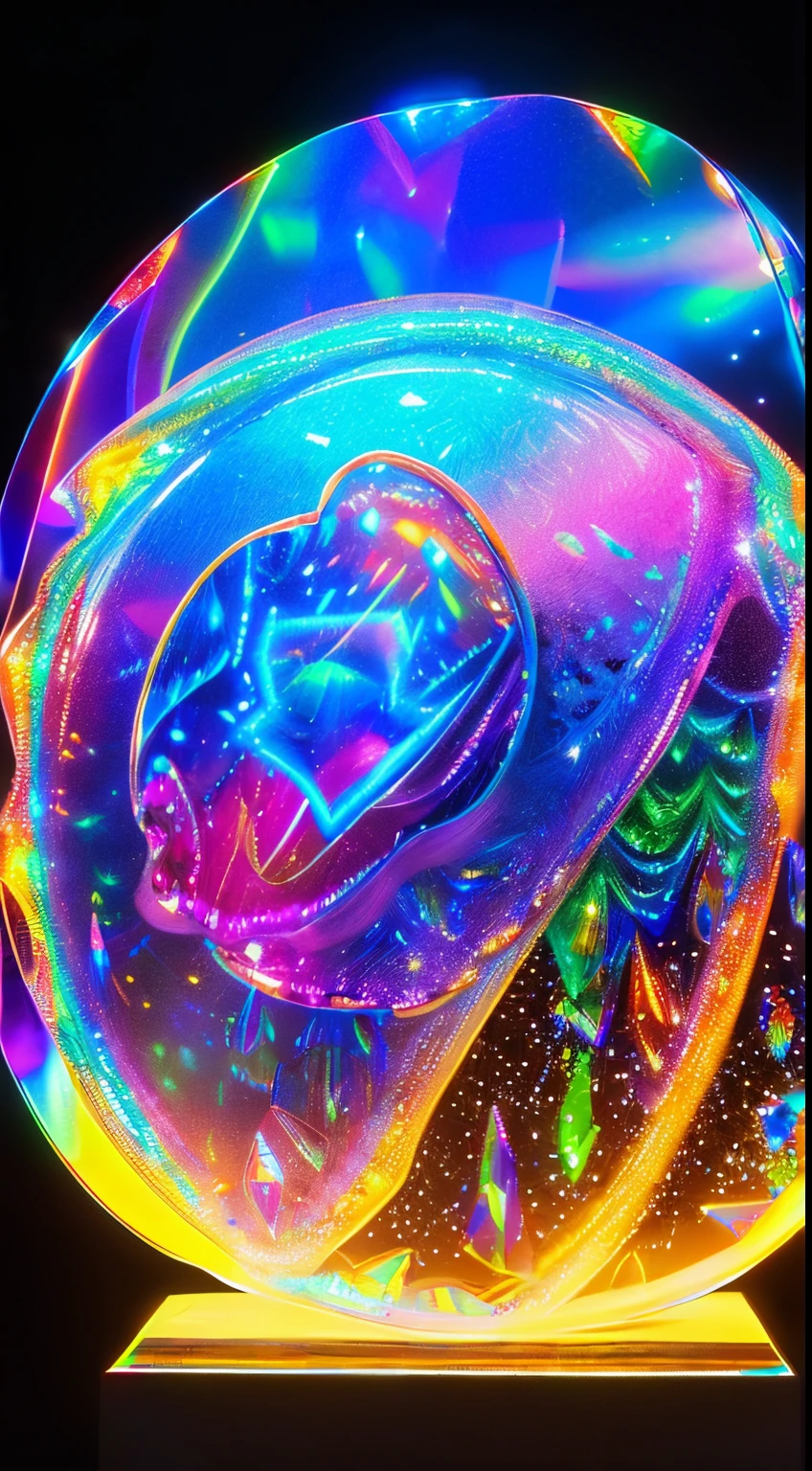 more prism, vibrant color A (((giant transparent hologram fairy))) with intricate, highly detailed ((shining fur)) and ((melting skin)) colors that mimic the ethereal light of ((liquid metal)) structures, set against a (((translucent bubble))), with highly detailed shining ((sparkling 3D luminous structures)) that give off an air of enchantment and fantasy