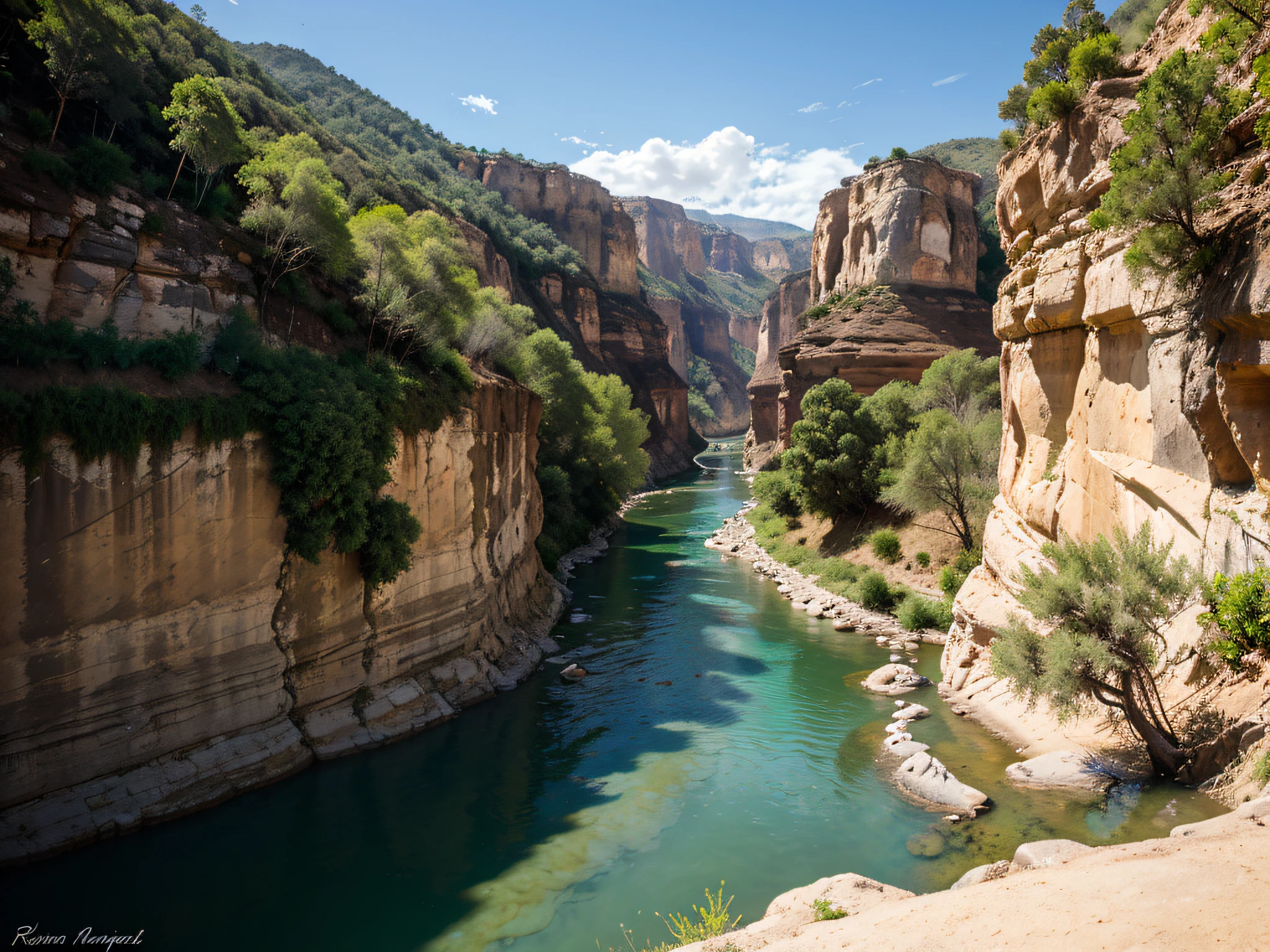 un valle verde con un rio serpenteante, It is a wide canyon between mountains, montes a los lados, de fondo una bonita puesta de sol, verde praderas rodeando el rio. Rio muy sinuoso, grandes praderas, praderas enormes,
