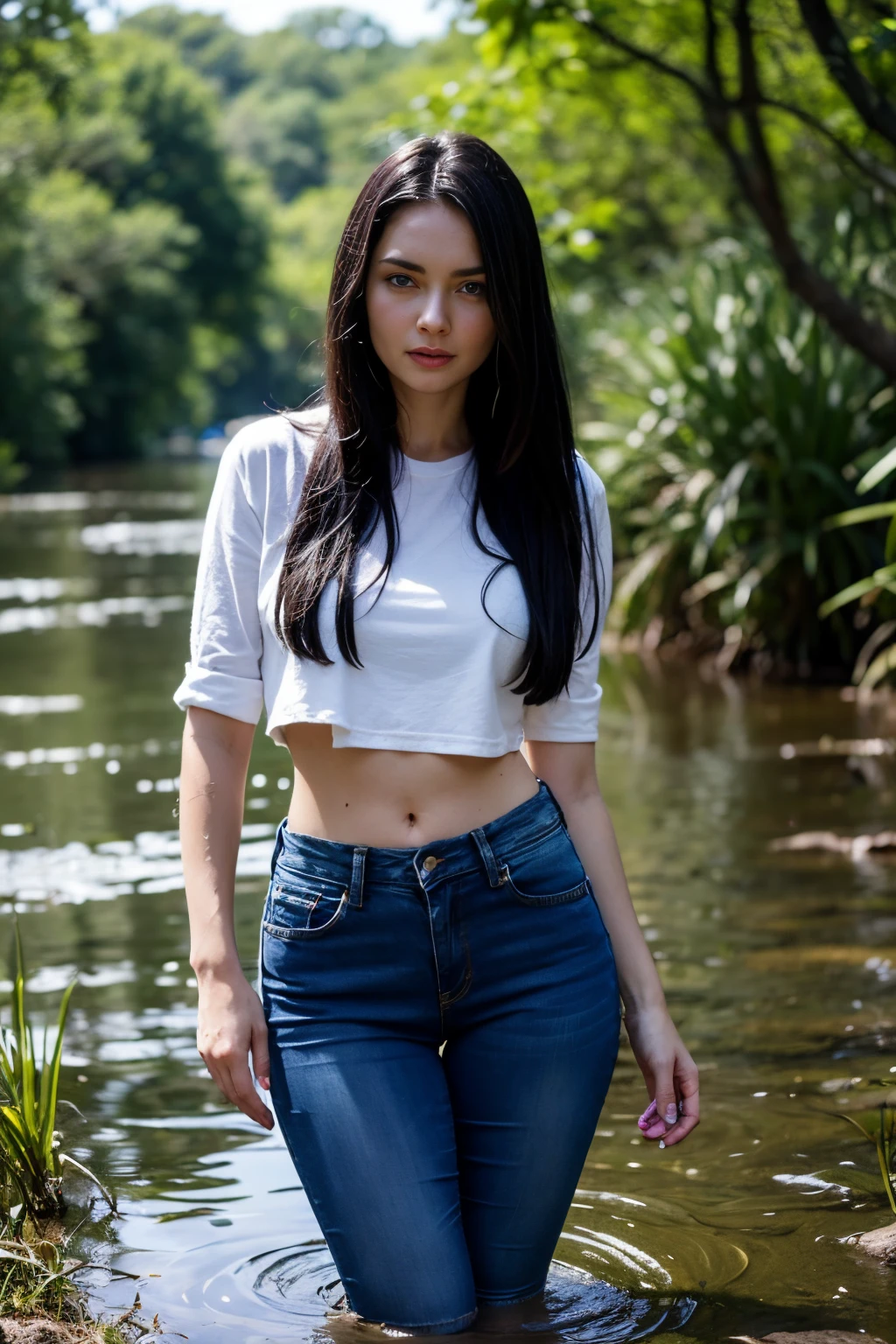 "Polina, Dressed in high-waisted jeans, stood in a dark swamp, Drowning in darkness. Polina had a fetish in the swamp, And now her shameful weakness was revealed. Pauline's face expresses embarrassment, And she's trying to hide, but can&#39;t get out of the mud."