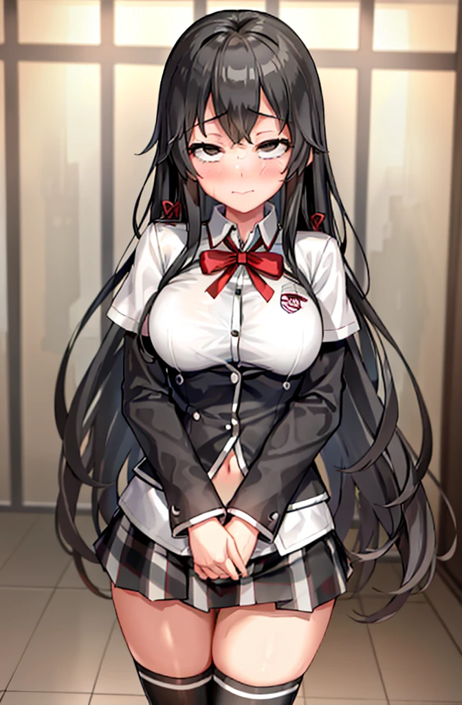 (full figure:1.1), 1 girl as yukino yukinoshita, absurdres, highres, solo, school uniform, big breasts, waist long black hair, (twintails:0.5), miniskirt, (black thighhigh socks:1.1), loose red ribbon, unbuttoned white shirt, (ahegao:1.1), (rolling eyes:1.1), (female masturbation:1.1)