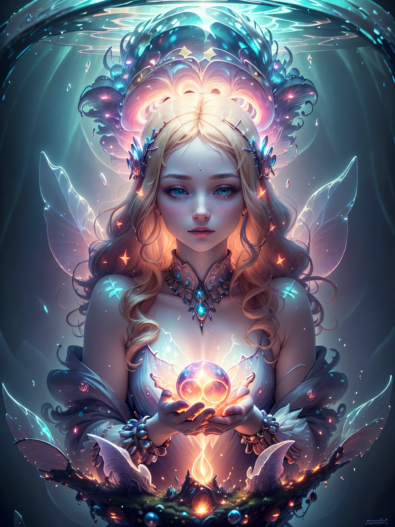 (best quality, highres, masterpiece:1.2), beautiful goddess, holding a bioluminescent power, neon blond hair, soft light around her hair, ultra-detailed, realistic, HDR, vivid colors, portraits, magical, ethereal lighting, flowing robe, casting spells, mystical surroundings, enchanting atmosphere, mystical creatures, twinkling stars, dreamlike aura, 16K