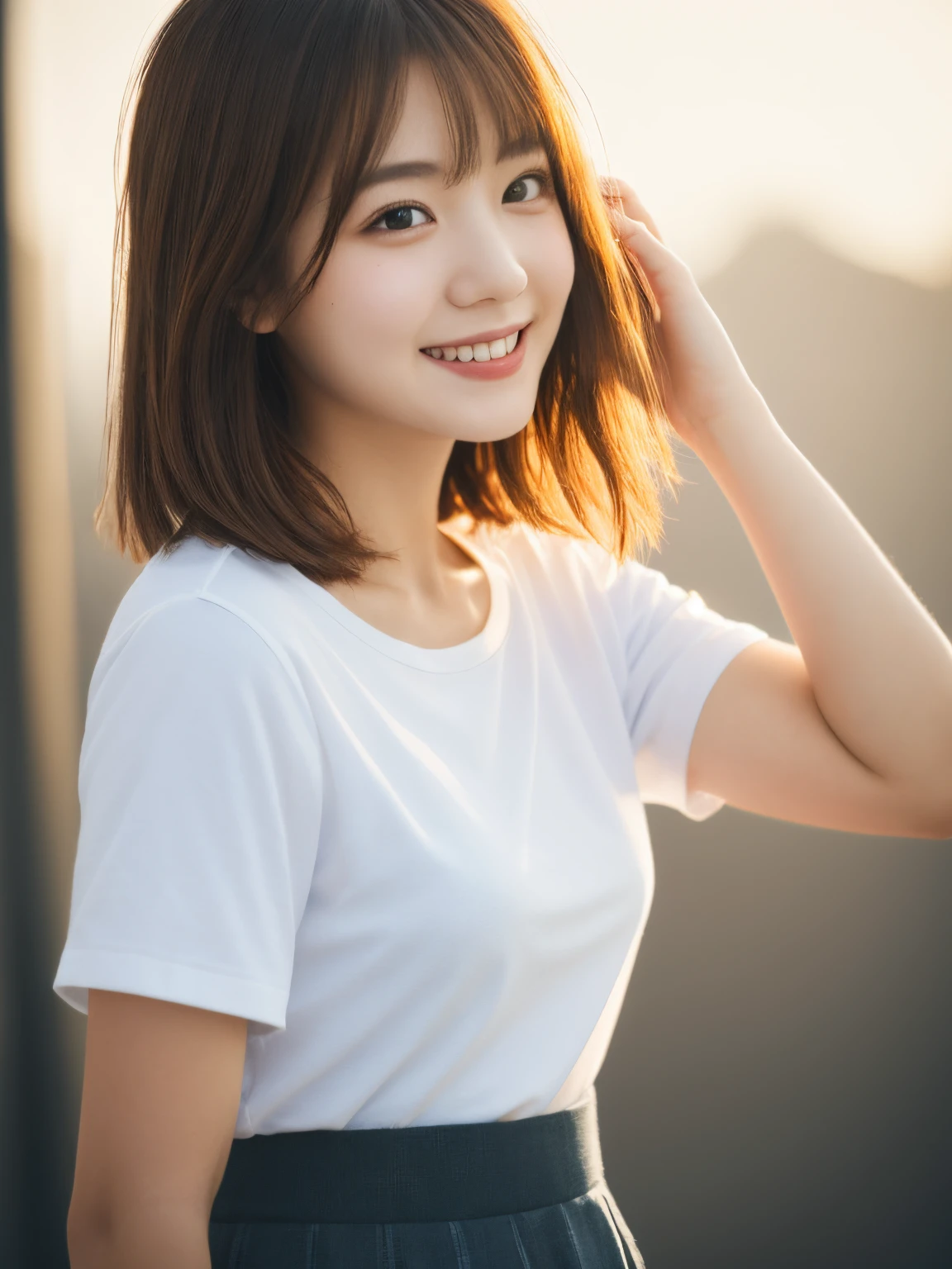 masterpiece, Best Quality,Raw photo & realistic atmosphere , Ultra-detailed, finely detail, hight resolution, 8K Wallpaper, Perfect dynamic composition,upper body shot ,20 years old Japanese womon, hand on the head,looking at viewer, Shibuya,sunny,morning, medium hair,brown hair,white t-shirt,skirt,goddess-like happiness
