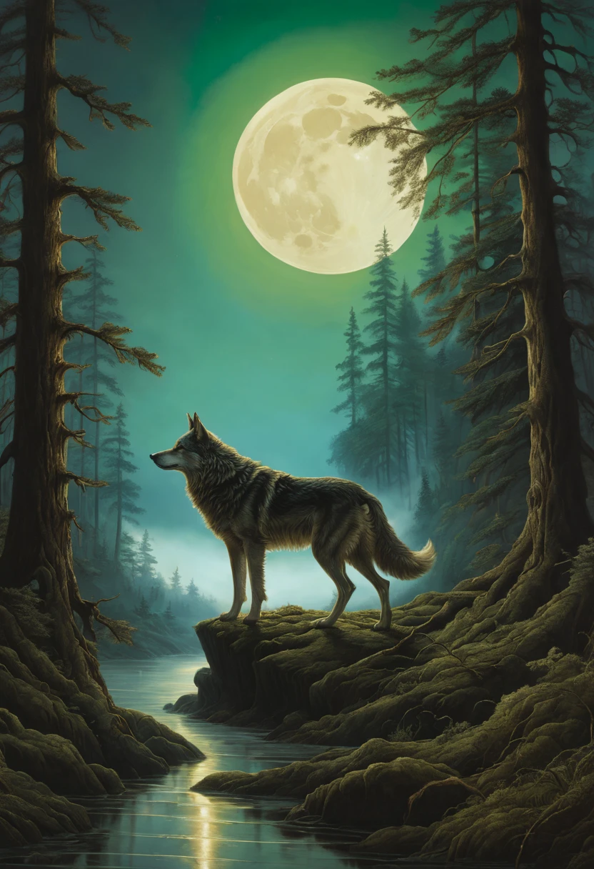 art by aaron horkey, , , ultra highly detailed, 32k, sharp focus, luminism, detailed oil painting, moon, detailed sky, dark wolf with big highly detailed, by Anato Finnstark . detailed landscape, northern tales aesthetic, dynamic movement, big reflective eyes, forest,glowing, swirling leaves, emerald fog, mystical, complex background, dynamic lighting, lights, intricated pose, highly detailed filigree, intricated, baroque, Hudson river school, Thomas Cole, masterpiece