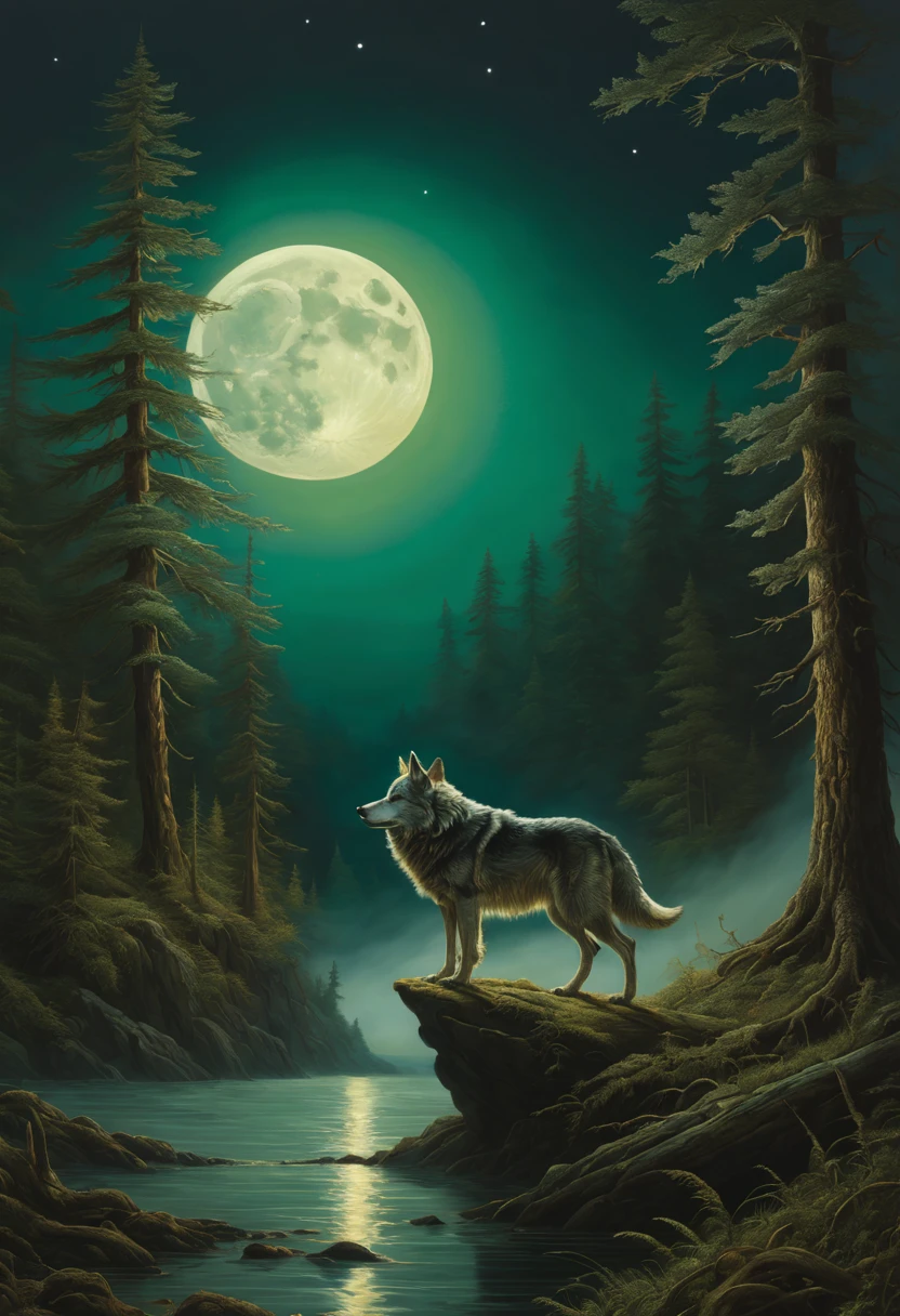 art by aaron horkey, , , ultra highly detailed, 32k, sharp focus, luminism, detailed oil painting, moon, detailed sky, dark wolf with big highly detailed, by Anato Finnstark . detailed landscape, northern tales aesthetic, dynamic movement, big reflective eyes, forest,glowing, swirling leaves, emerald fog, mystical, complex background, dynamic lighting, lights, intricated pose, highly detailed filigree, intricated, baroque, Hudson river school, Thomas Cole, masterpiece