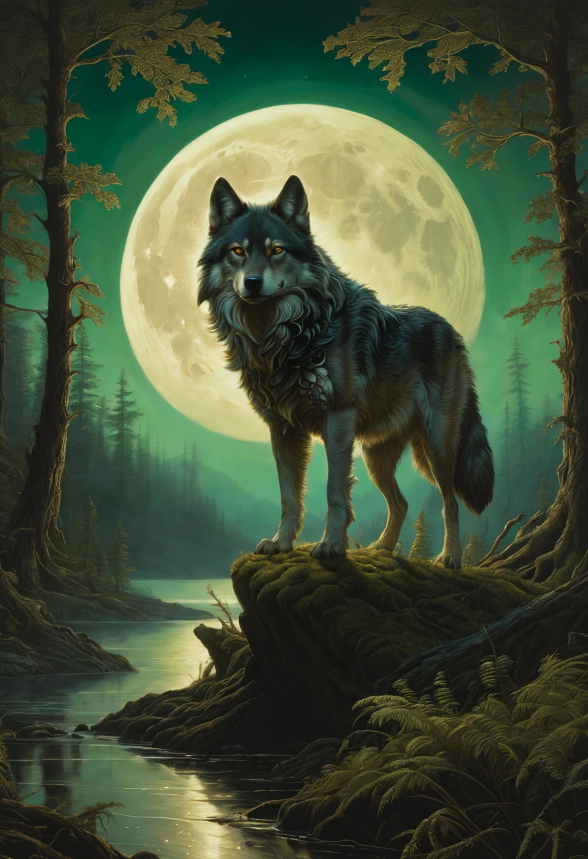 art by   aaron horkey, , , ultra highly detailed, 32k, sharp focus, luminism, detailed oil painting, moon, detailed sky, dark wolf with big highly detailed, by Anato Finnstark . detailed landscape, northern tales aesthetic, dynamic movement, big reflective eyes, forest,glowing, swirling leaves, emerald fog, mystical, complex background, dynamic lighting, lights, intricated pose, highly detailed filigree, intricated, baroque, Hudson river school, Thomas Cole, masterpiece