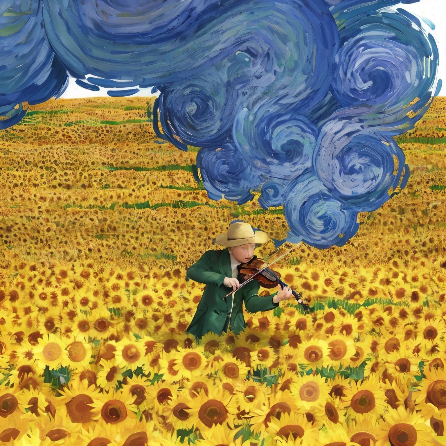 Van Gogh style oil painting style. Van Gogh plays violin in sunflower field，Create a starry sky.