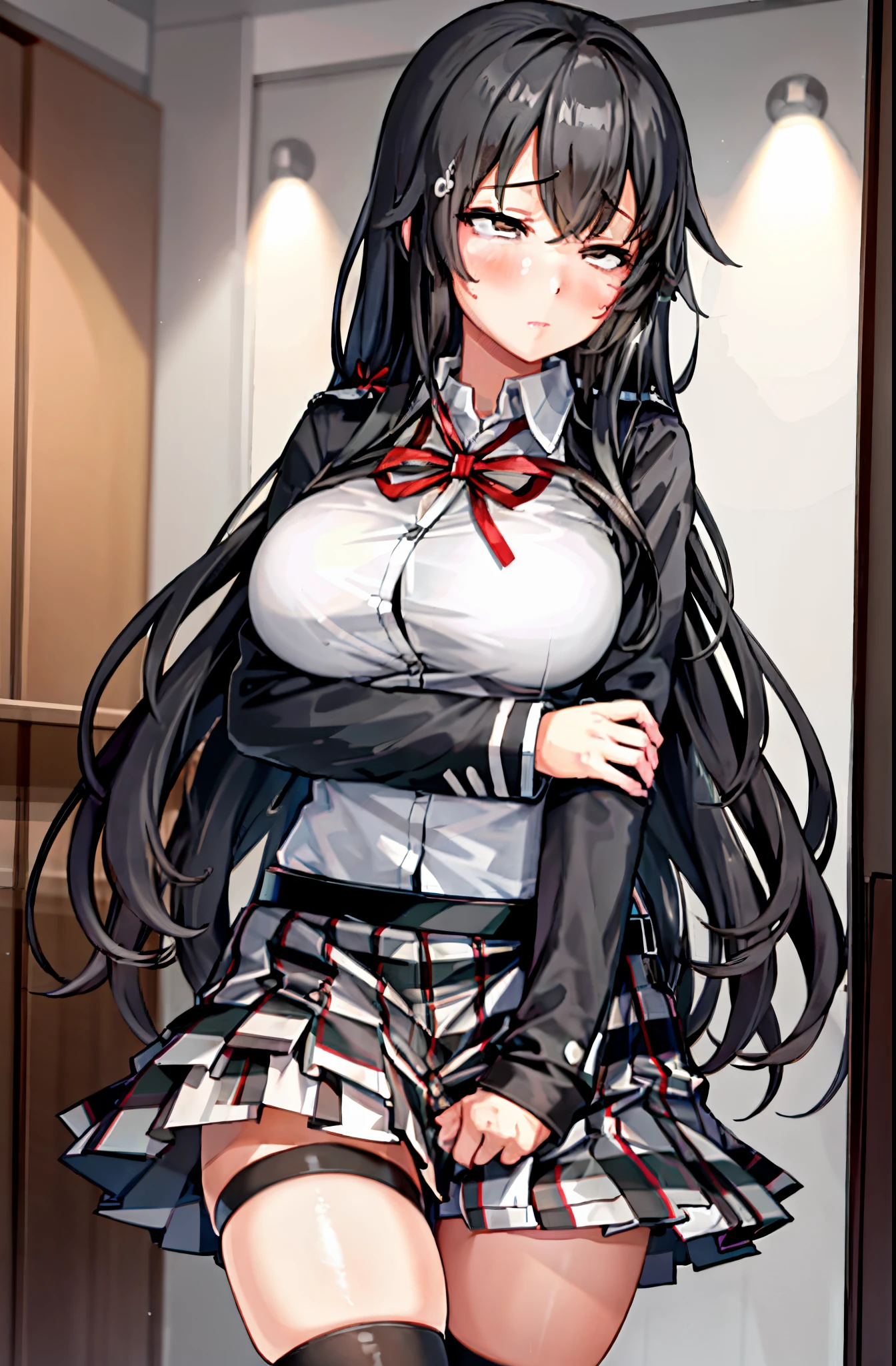 (full figure:1.1), 1 girl as yukino yukinoshita, absurdres, highres, solo, school uniform, big breasts, waist long black hair, (twintails:0.5), miniskirt, (black thighhigh socks:1.1), loose red ribbon, unbuttoned white shirt, (ahegao:1.1), (rolling eyes:1.1), (female masturbation:1.1)