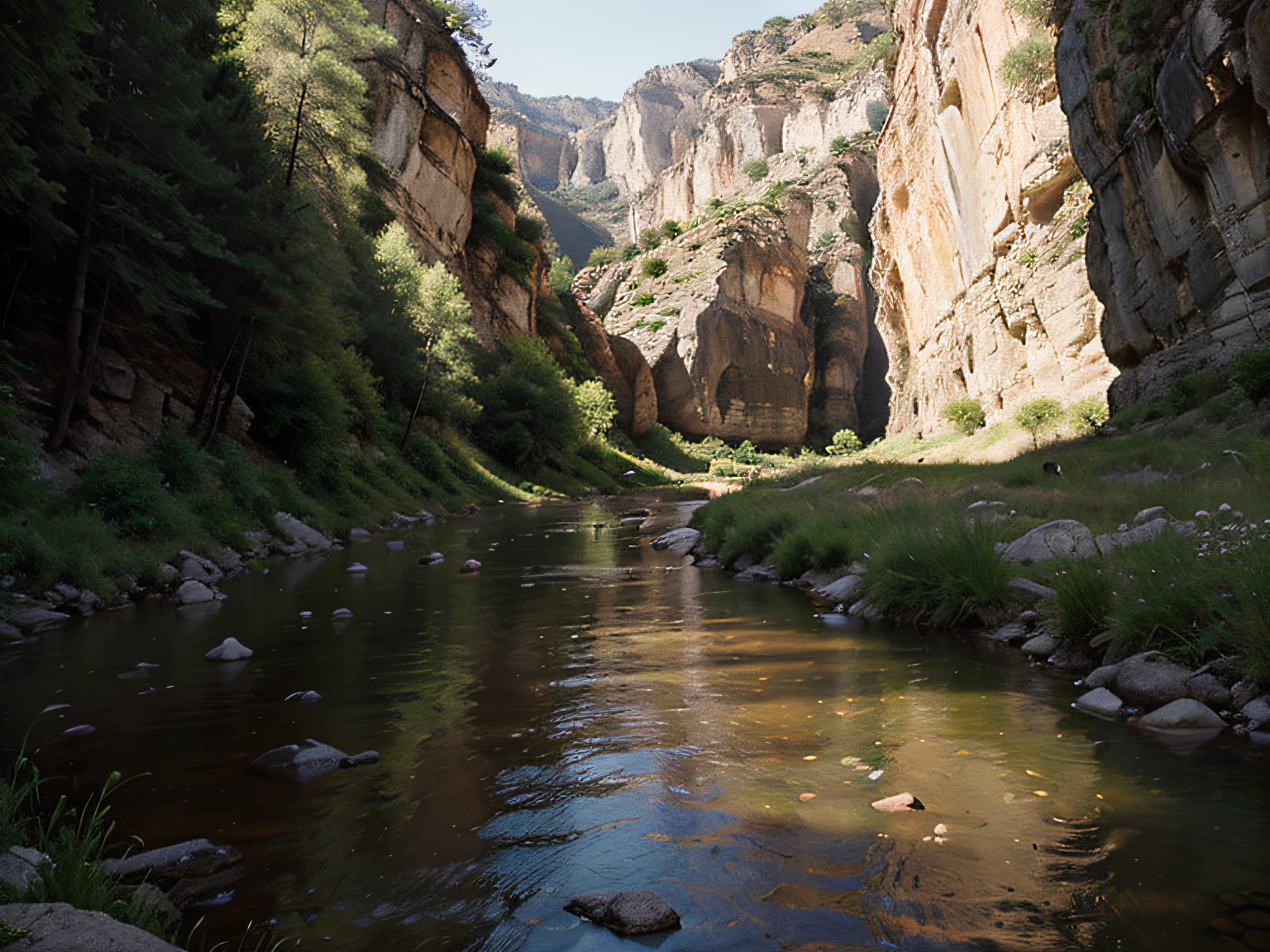 a huge green meadow in a very wide canyon, a small river runs with many curves that runs through the meadow