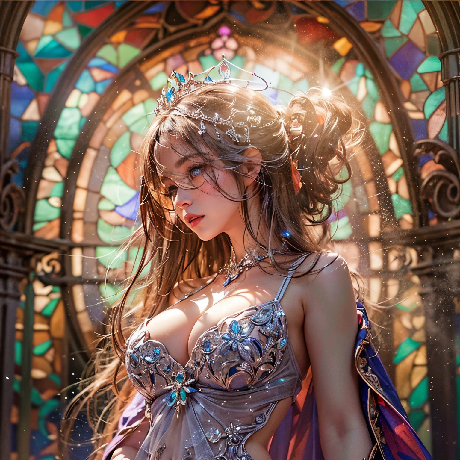from below:1.2, (((masutepiece:1.35))), (((8K,Acutance))), (((hight resolution))), surrealism, god rays, Zoom Layer, (((photorealistic:1.37))), F/4.0, canon, Detailed glistening skin,Detailed face, Detailed eyes, Beautiful bride goddess, Princes Tiara, delicate lace knitted see-through wedding dresses, Mystical sight, ((Light shines through stained glass:1.2)), Gigantic Cleavage:1.37, Overflowing, Biomechanical HUGE and HEAVY boob, (navel), (brilliant simple ruby accessories), { ((correct hands))|((hidden hands)) }