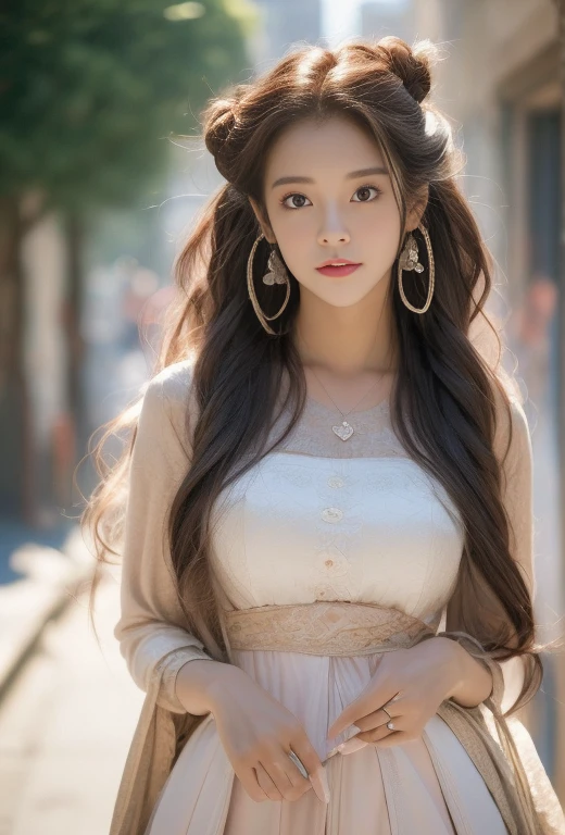 ((of the highest quality, 8K, masutepiece: 1.3)), Focus: 1.2, Perfect body: 1.4, buttocks: 1.2, (Layered Hair Style, tits out: 1.2)), (ta Costume Outfit 1.1), (street: 1.3), Superskirt: 1.1, Highly detailed face and skin texture, Narrow eyes, Double eyelids, Whitening skin, , (Shut up: 1.3), 1 person、Hair shrinkage、Mount Yoshijin-hsien、Korean hair, super crazy hairstyles, beautiful long hairs, crazy long hairs, super long hairs, long hair, crazy long hairs, super long hairs , Long wavy hairstyle