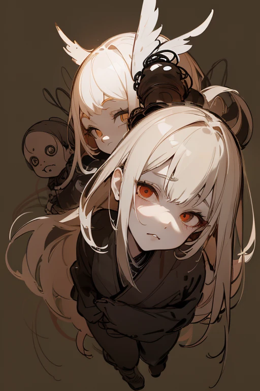 (full body), (rough sketch), (Line drawing drawing style illustration), (eerie), (Outline warm color), Japanese painting, Japanese style tool, Dark atmosphere, Japanese Monsters, doll-like face, horror factor, Mysterious Variants, spooky look, Emotionless, crazy face, personification of junk, looks like a person, ((masterpiece)), ((high resolution)), ((super delicate))