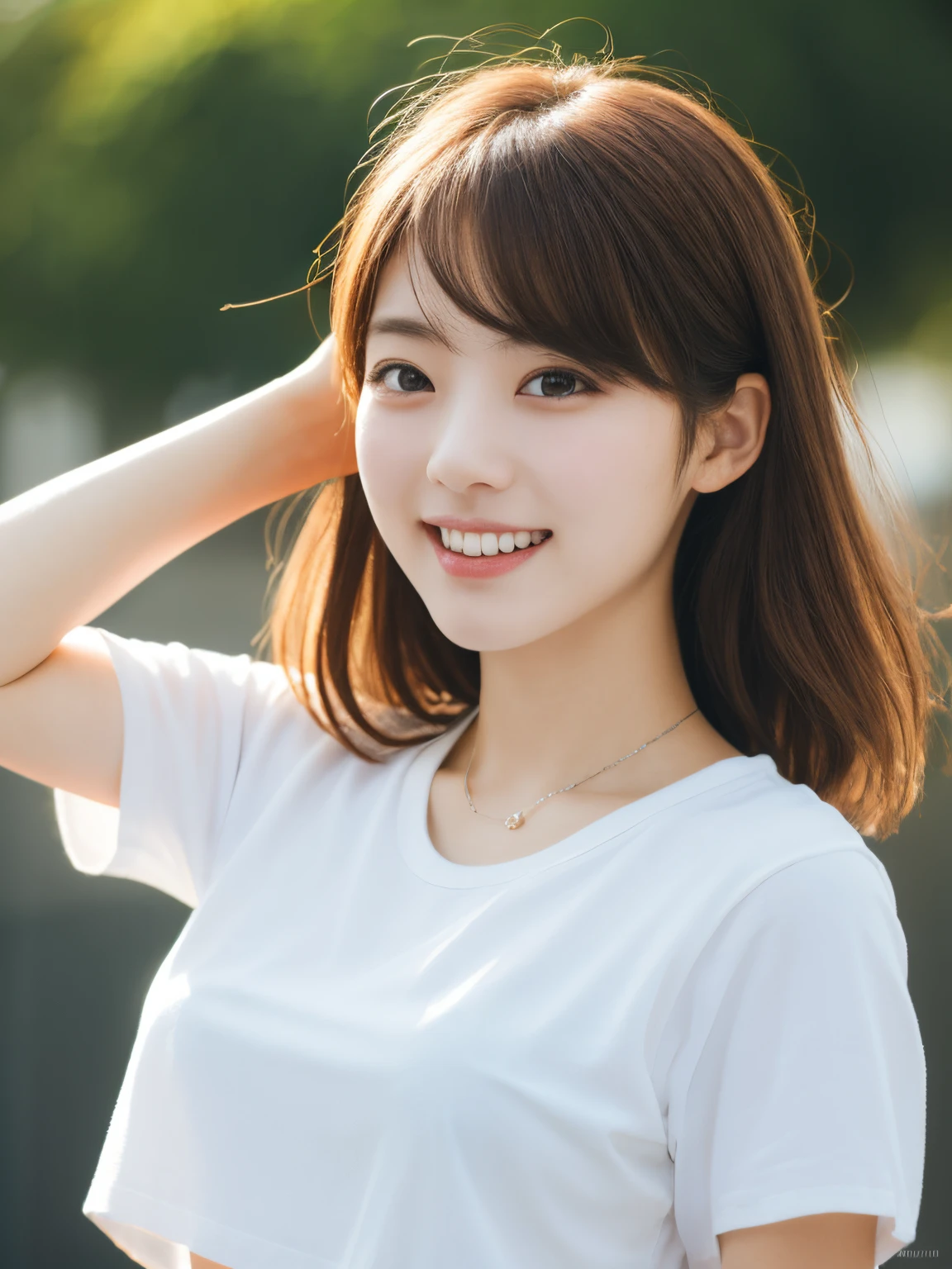 masterpiece, Best Quality,Raw photo & realistic atmosphere , Ultra-detailed, finely detail, hight resolution, 8K Wallpaper, Perfect dynamic composition,upper body shot ,20 years old Japanese womon, hand on the head,looking at viewer, Shibuya,sunny,morning, medium hair,brown hair,white t-shirt,skirt,goddess-like happiness