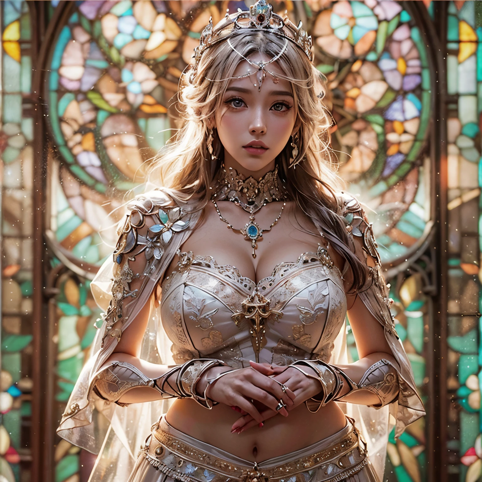 from below:1.2, (((masutepiece:1.35))), (((8K,Acutance))), (((hight resolution))), surrealism, god rays, Zoom Layer, (((photorealistic:1.37))), F/4.0, canon, Detailed glistening skin,Detailed face, Detailed eyes, Beautiful bride goddess, Princes Tiara, delicate lace knitted see-through wedding dresses, Mystical sight, ((Light shines through stained glass:1.2)), Gigantic Cleavage:1.37, Overflowing, Biomechanical HUGE and HEAVY boob, (navel), (brilliant simple ruby accessories), { ((correct hands))|((hidden hands)) }
