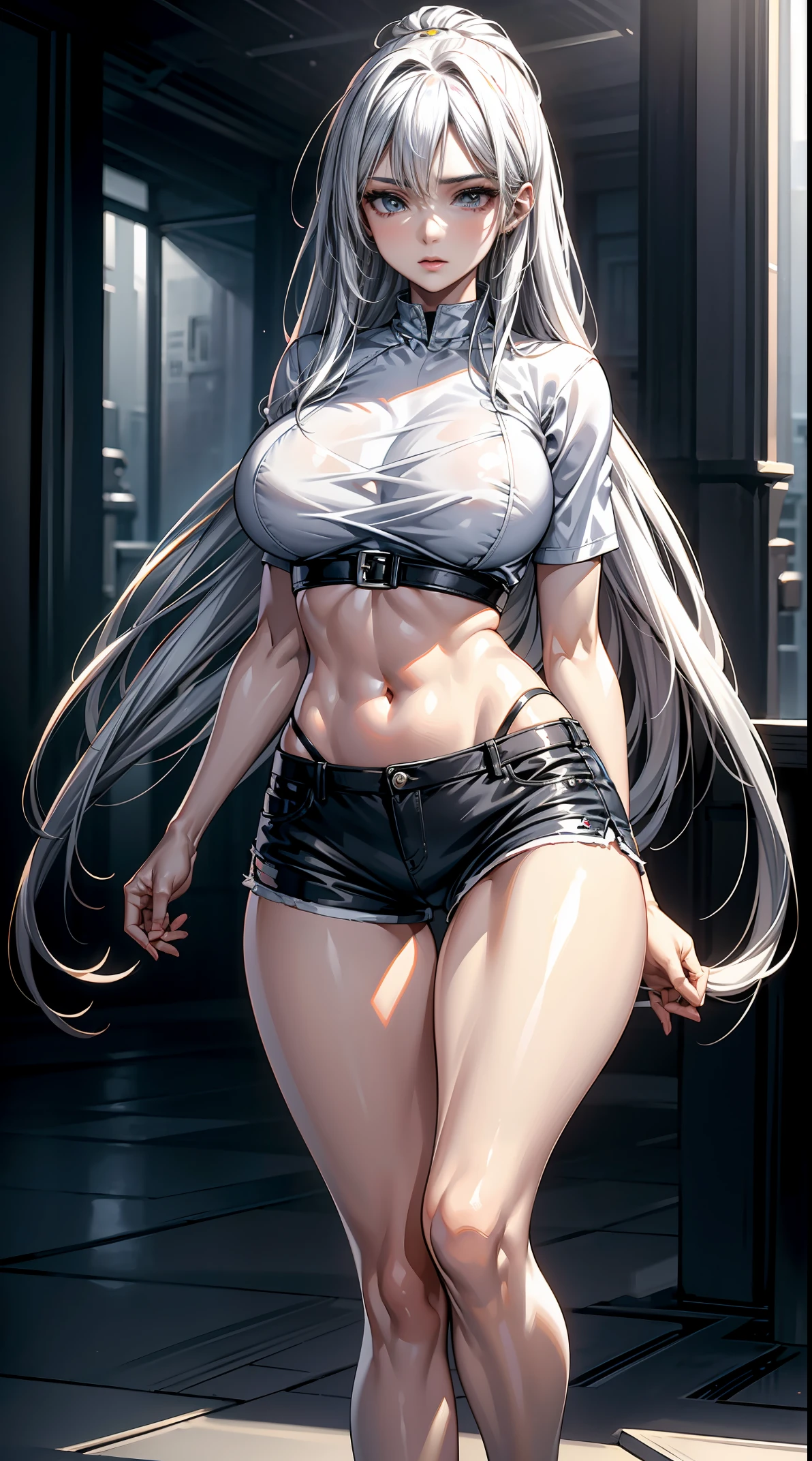 Best quality, tmasterpiece, A high resolution,8K,(realistically:1.4),超A high resolution,1个Giant Breast Girl, ultra - detailed, hyper realisitc, Very detailed CG illustration, offcial art, 电影灯光, actual, Young and beautiful girl, perfect body figure, perfect body figure, full pov, perfect bodies, (Starting below:1.3), lacivious pose, long sexy legs, Self-confident, Beautiful Sexy, Gray short sleeves, Open the abdomen, Super Shorts, S-shaped body, hip is cocked,placed in a,lewd poses,Different Perspectives