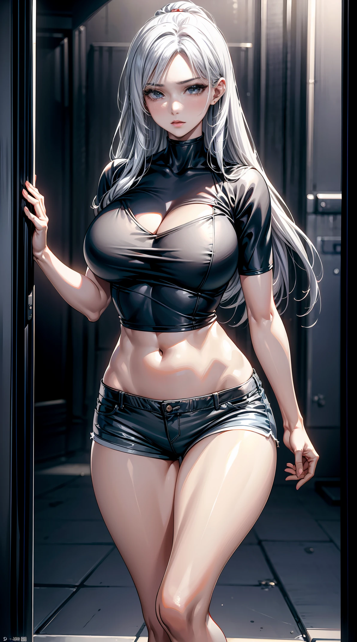 Best quality, tmasterpiece, A high resolution,8K,(realistically:1.4),超A high resolution,1个Giant Breast Girl, ultra - detailed, hyper realisitc, Very detailed CG illustration, offcial art, 电影灯光, actual, Young and beautiful girl, perfect body figure, perfect body figure, full pov, perfect bodies, (Starting below:1.3), lacivious pose, long sexy legs, Self-confident, Beautiful Sexy, Gray short sleeves, Open the abdomen, Super Shorts, S-shaped body, hip is cocked,placed in a,lewd poses,Different Perspectives