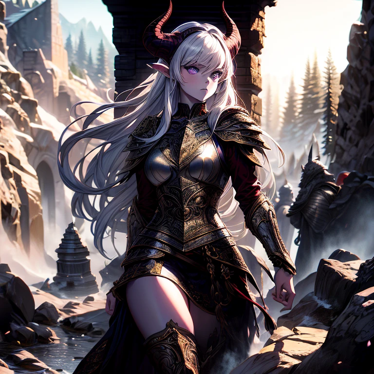 masterpiece, highest quality, (solo focus), full bodyview, (perfect face:1.1), (high detail:1.1), (hyper detailed eyes), dramatic, a tiefling woman with pale white skin and long voluminous white hair, 25 years old, purple eyes, solo, long hair, purple horns, toned body, athletic body, metal-plated armor, arrogant expression, holding sword, throwing a fireball, daylight, forest, fantasy setting, detailed background, cinematic lighting