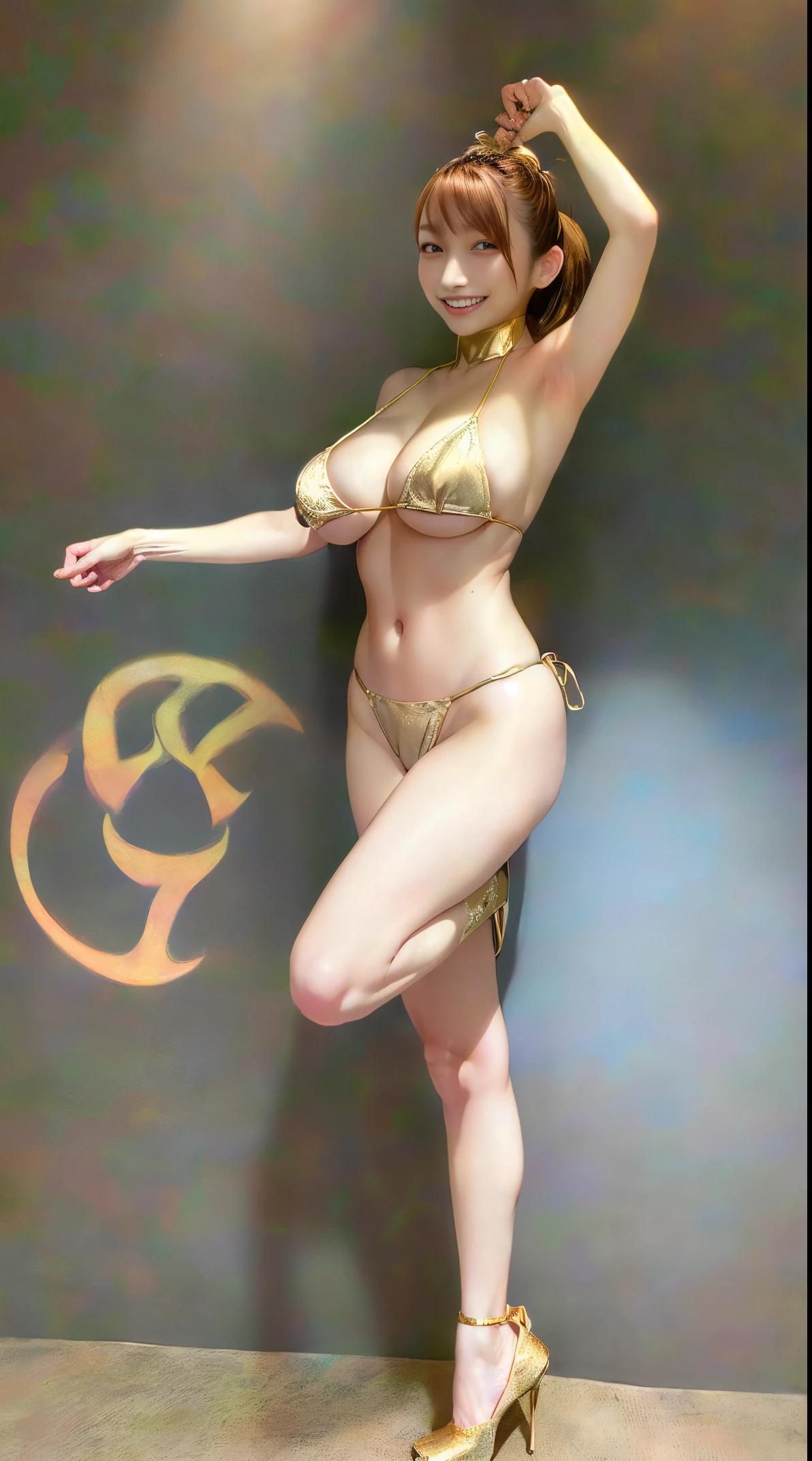 in 8K、超A high resolution、Best Quality、masuter piece、Photorealsitic、The ultra -The high-definition、(huge tit、Pretty big breasts、large cleavage、toned body:1.18)(Must wear gold thong micro bikini、Be sure to take long strides、Be sure to stand with your legs wide apart and straight to the side.、(Always upper kick、roadside):1.35)(Brown Short Bob、A Japanese Lady、Super cute、Cute smile:1.28)Gold Pin Heels