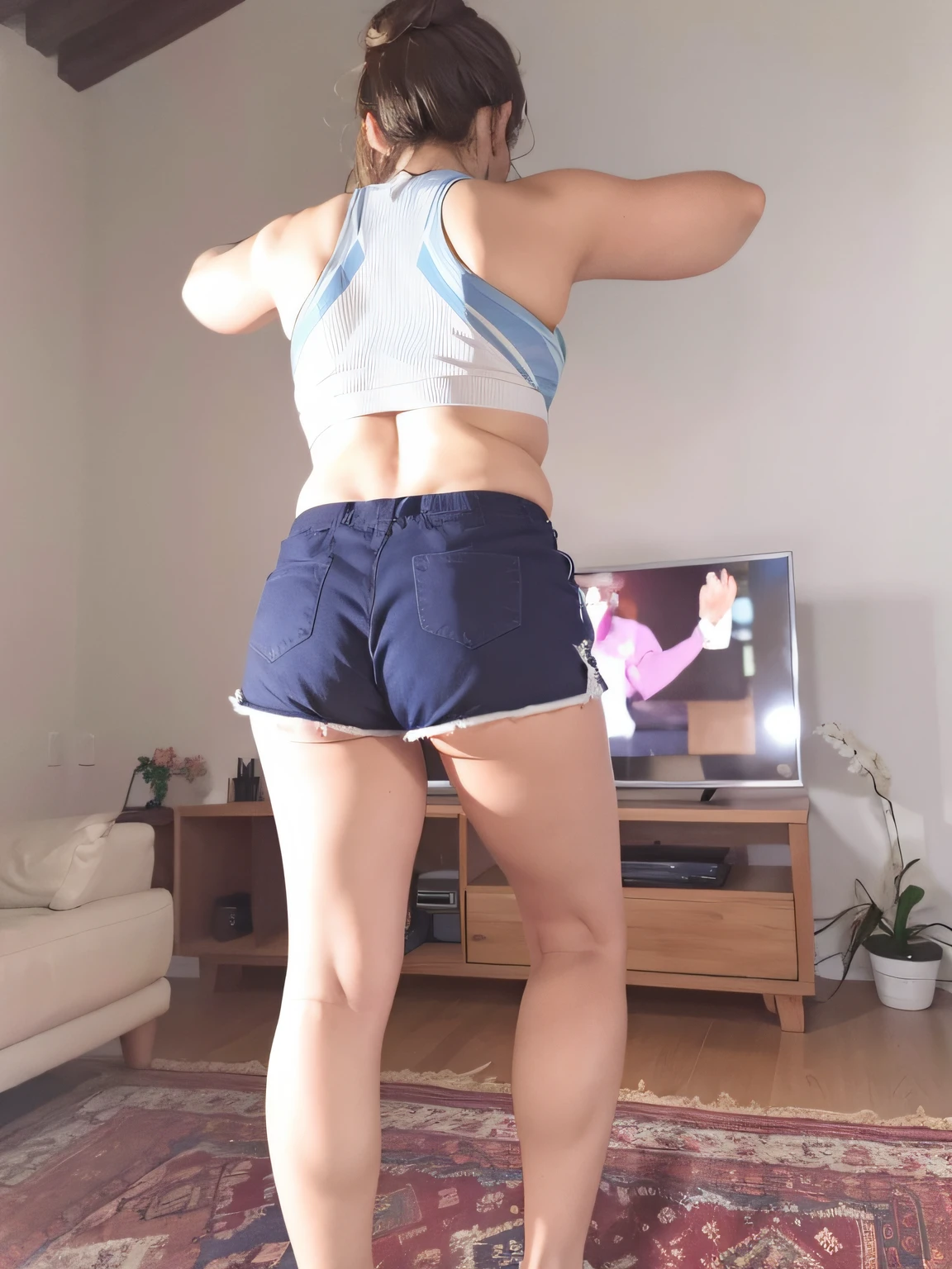 There's a woman standing in a living room playing a video game, from the back, Costas - Pneu, tiro pelas costas, tiro nas costas, seen from back, view of the back, Back view!!, tiro longo das costas, tiro traseiro, back pose, tiro longo de costas, Backview, from the back, picture from behind, Tiroteio costeiro