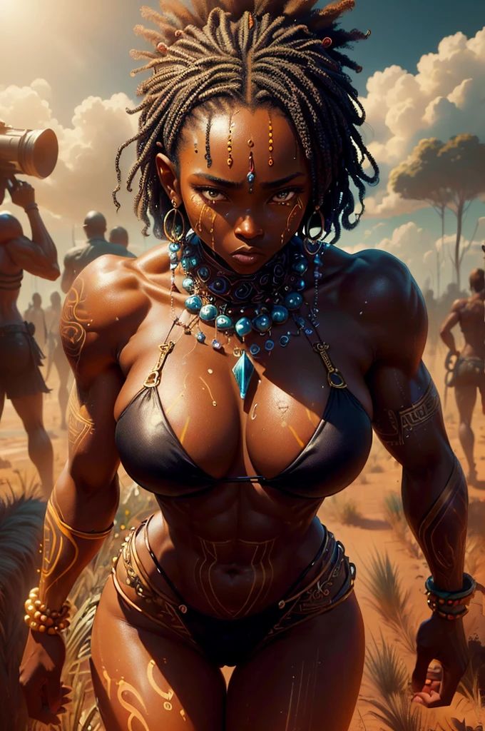 (((absurdis quality))), (((masterpiece))), muscular 35-year-old African woman, Zulu warrior, war paintings by body, perfect and proportionate body, black-skinned savanna warrior wearing very few clothes and many necklaces and adornments by the body, tiny bikini made of African beads, holding a spear and walking through the savannah, dry vegetation, lots of heat, she is sweaty and her black skin glows under the scorching African sun