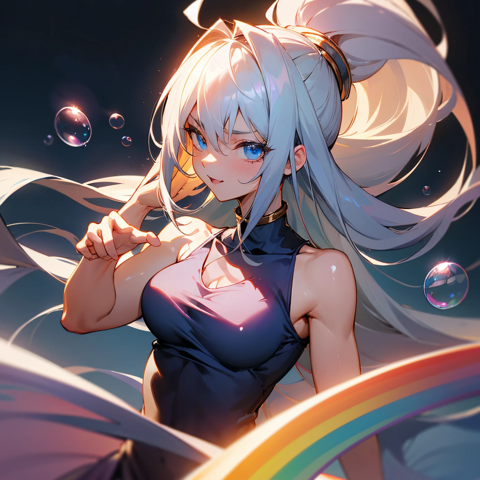 Dark Magician Girl、MKSKS style、(a person々:1.2)、(highly detailed back ground:1.0)、(highly detailed back ground:1.0)、masterpiece、top-quality、超A high resolution、in 8K、BREAK、(Silver and golden hair、Very long hair)、BREAK、Detailed clothing、Pale red tank top、Detailed skin、glowy skin、A detailed eye、Blue eyes、looking in camera、Burning cheeks、Laugh、large pectoral muscles、(Soap bubbles:1.2、rainbows、White background)、Daytime、dynamic ungle
