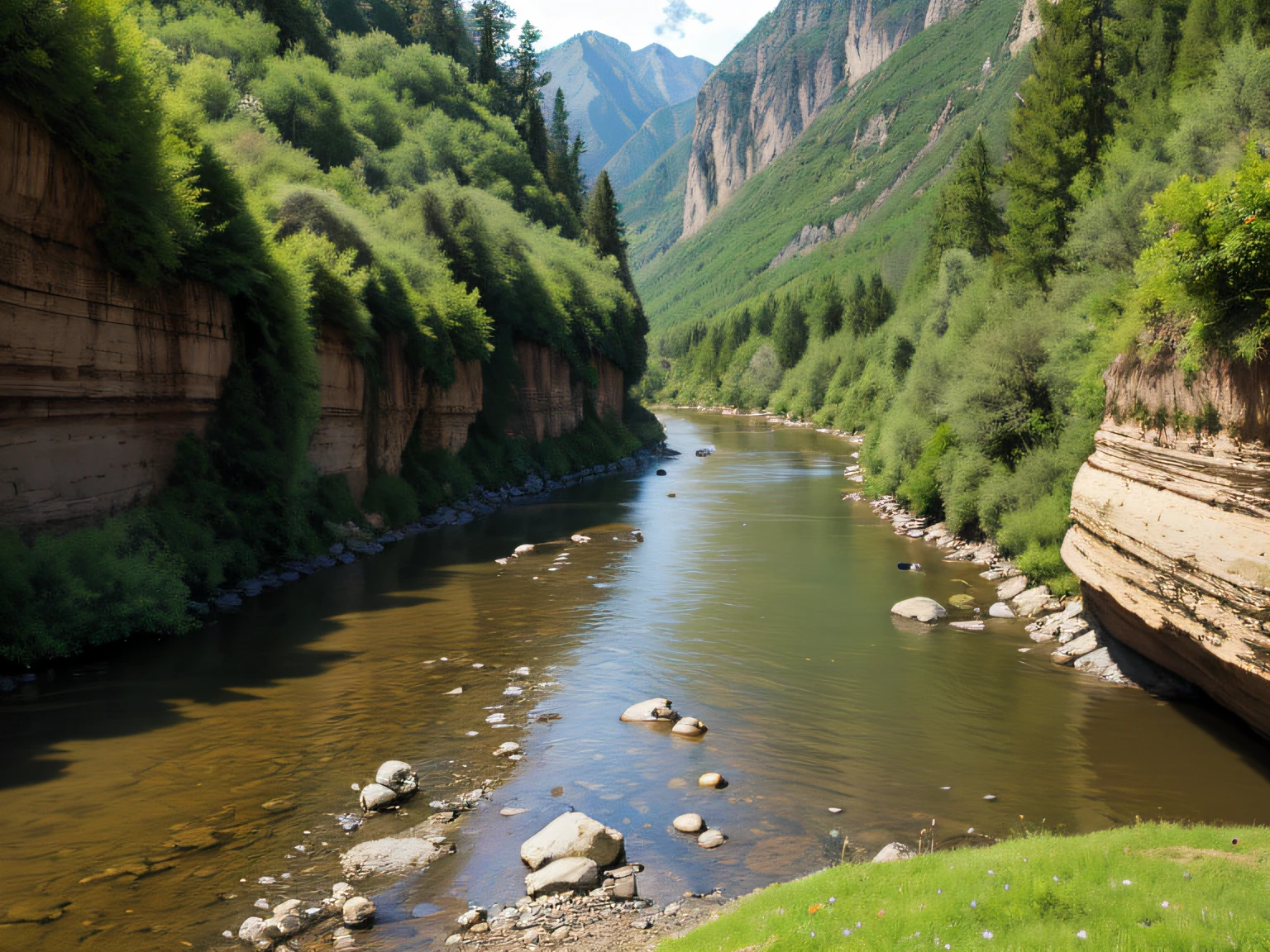 a huge green meadow in a very wide canyon, a small river runs with many curves that runs through the meadow, el rio hace curvas en S