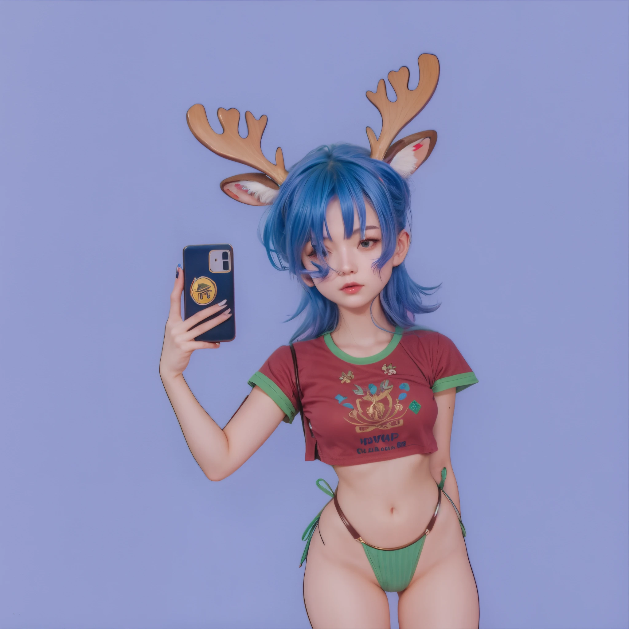girl with blue hair and deer horns holding a cell phone, deer female, high res, thin antlers, unreal engine, 4k, best quality, hyper realistic, live action