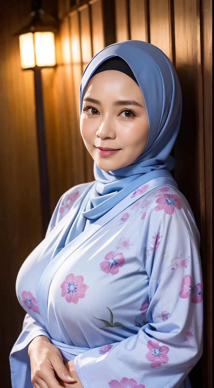 58 Years old, Indonesian mature woman, wearing Wide Hijab, perfect , natural Gigantic breast : 96.9, gorgeous eyes, Soft smile, wear a Yukata, No Wearing Bra, necklace, Breast about to burst Out, Nightime walk, Lewd Situation, Light Colour.