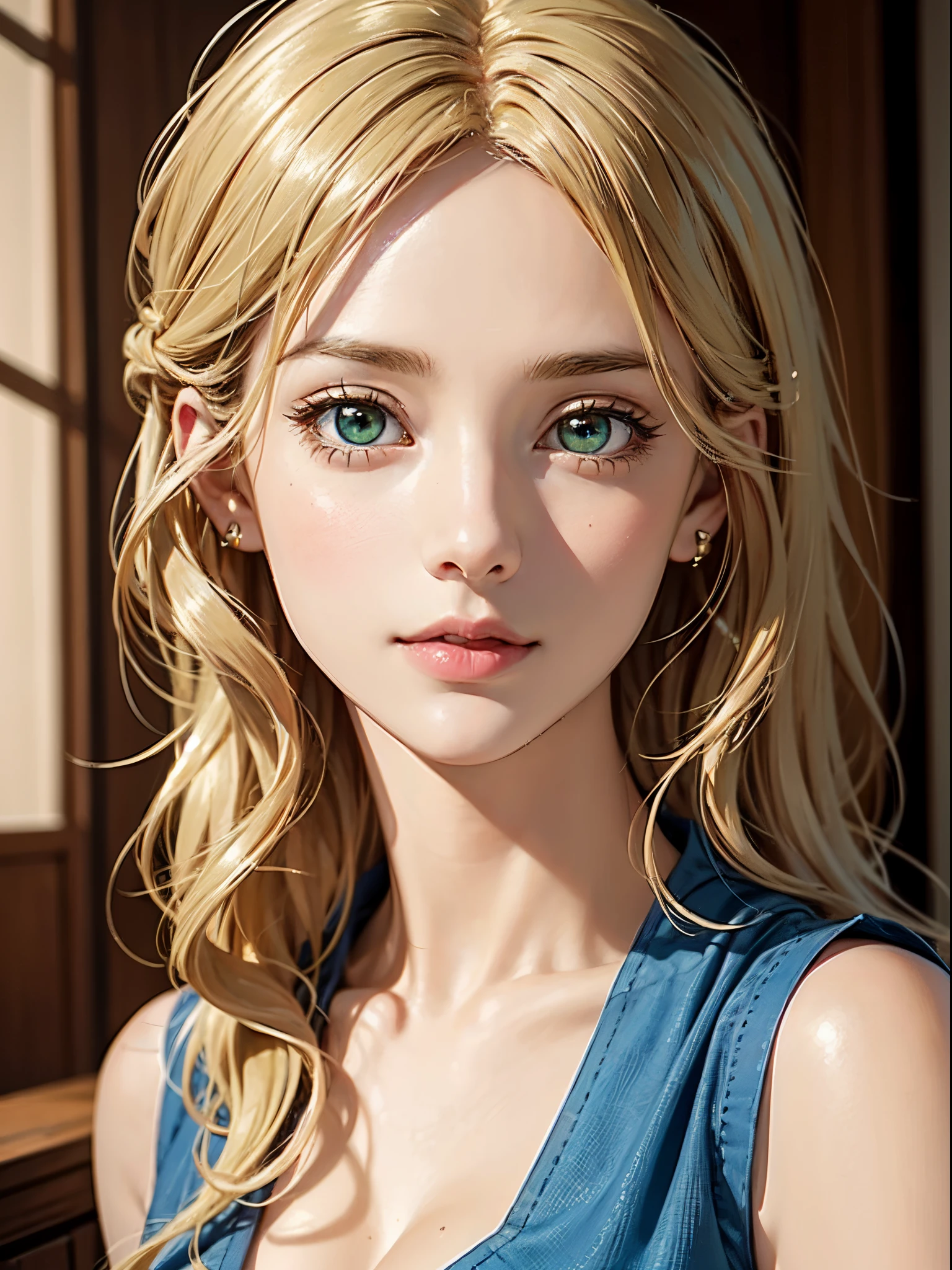 masutepiece, Best Quality, High quality, High Definition, high quality texture, high quality shadow, high detailing, Beautiful detailed, Finely detailed, extremely details CG, Detailed texture, realistic representation of face, Realistic, Colorful, Delicate, Cinematic Light, side lights, Lens Flare, Ray tracing, Sharp Focus, (Intricate details), (Detailed beautiful delicate face, Detailed beautiful delicate eyes, A perfectly proportioned face, High detailed skin, Detailed skin, best ratio four finger and one thumb, upperbody shot, (Large breasts), (cleavage), ((Smooth texture, Realistic texture, Photorealistic)), (Detailed beautiful eyes, Beautiful eyelashes, Green eyes), (((green eyes))), (golden semi-long hair), (((golden hair))), 1 girl, at poolside, (((blue sailor shirt, Sleeveless, Open front))), (Beautiful face, Cute face, Detailed face), Sunny, Perfect Eyes Eyes