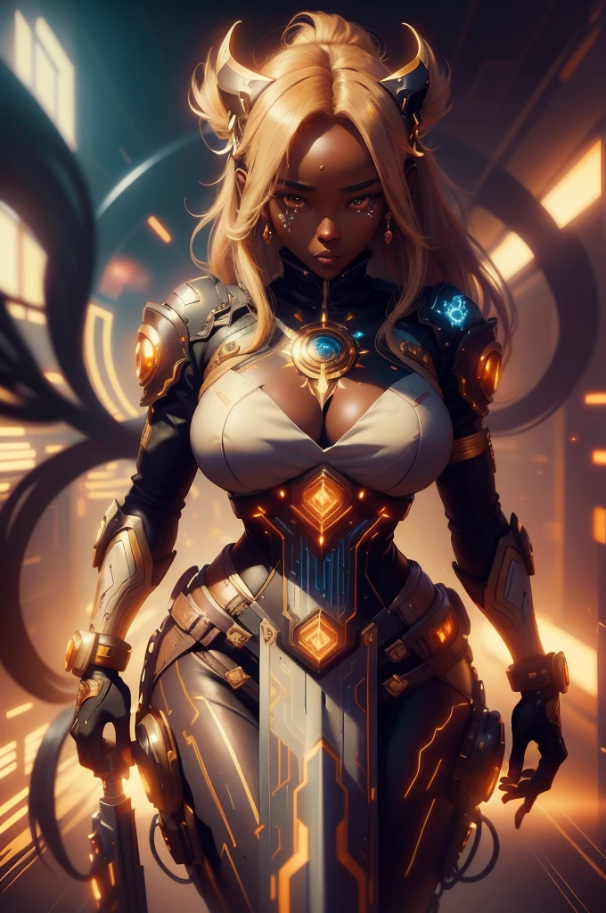 Mercy overwatch, Beautiful portrait of a gorgeous Black African Princess, beautiful black princess, round shaped face, round button nose, glowing black glass skin, sparkling hazel brown eyes, highlighted chestnut brown long straight hair, adorned in intricate golden jewelry, confident half smile, smirk, no face painting, dramatic crisp sharp lighting, intricate, wild, exotic beauty, highly detailed, digital painting, artstation, concept art, smooth, sharp focus, illustration, art by artgerm and greg rutkowski and alphonse mucha, footage from space camera