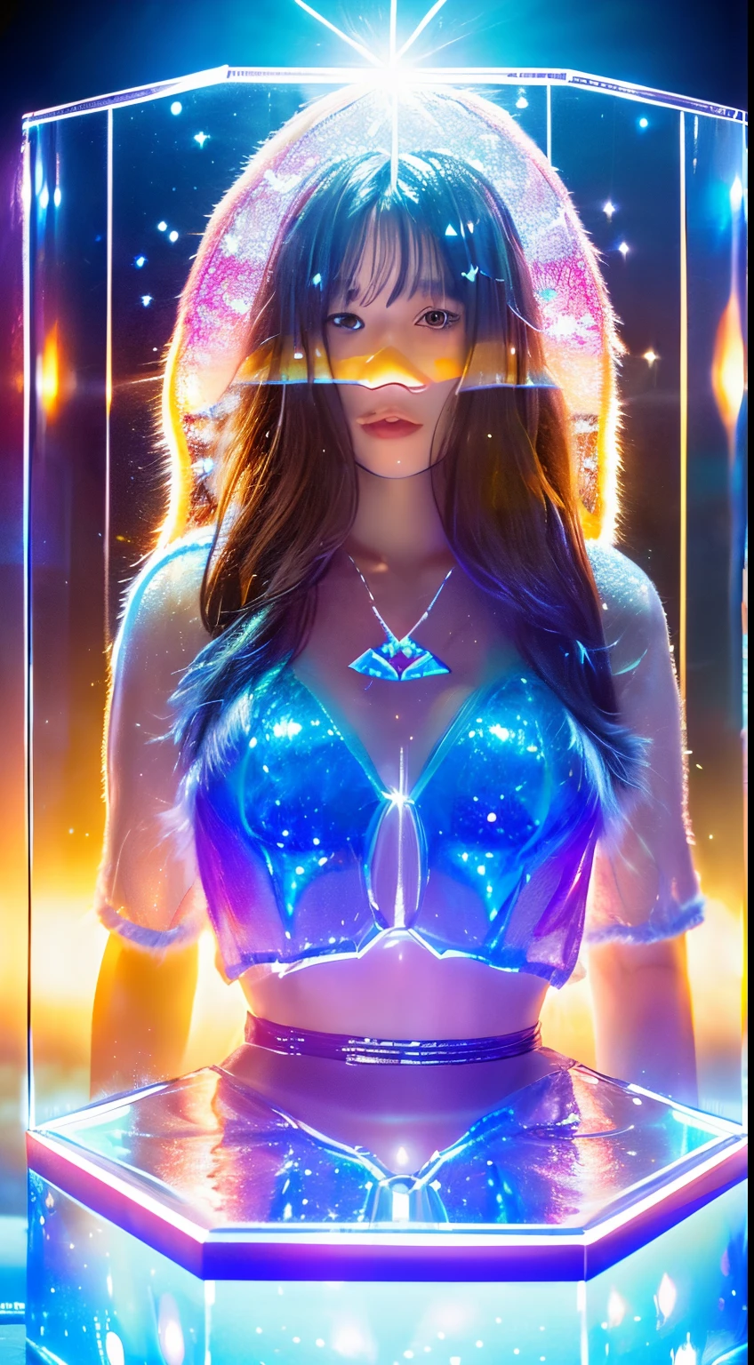 （animesque）（Masterpiece）(((giant transparent hologram fairy)))ha、complex and delicate ((sparkling fur)) with  the ((Skin color that seems to melt)) Having、ethereal ((liquid metal structure light)) Surrounded by vibrant colors that mimic。floating in a transparent bubble、Highly detailed and shiny 3D structure、Creates a magical and dreamy atmosphere。