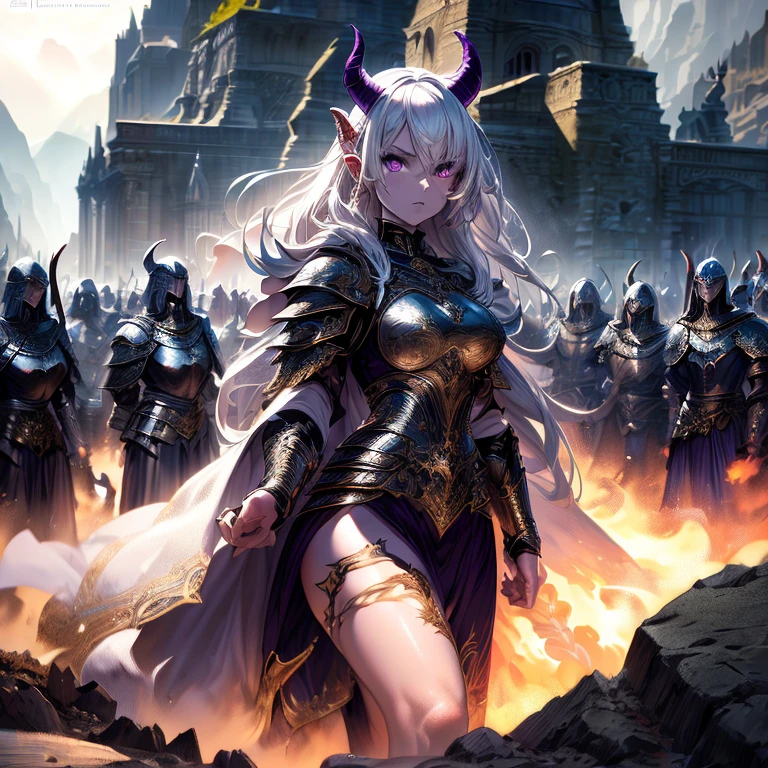 masterpiece, highest quality, (solo focuull bodyview, (perfect face:1.1), (high detail:1.1), (hyper detailed eyes), dramatic, a tiefling woman with pale white skin and long voluminous white hair, 25 years old, purple eyes, solo, long hair, purple horns, toned body, athletic body, metal-plated armor, arrogant expression, holding sword, raising tip of the sword, commanding an army, giving signal to attack, attack comand, daylight, forest, fantasy setting, detailed background, cinematic lighting