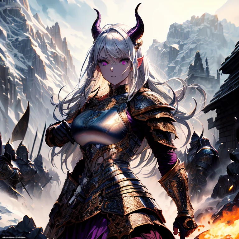 masterpiece, highest quality, (solo focuull bodyview, (perfect face:1.1), (high detail:1.1), (hyper detailed eyes), dramatic, a tiefling woman with pale white skin and long voluminous white hair, 25 years old, purple eyes, solo, long hair, purple horns, toned body, athletic body, metal-plated armor, arrogant expression, holding sword, raising tip of the sword, commanding an army, giving signal to attack, attack comand, daylight, forest, fantasy setting, detailed background, cinematic lighting