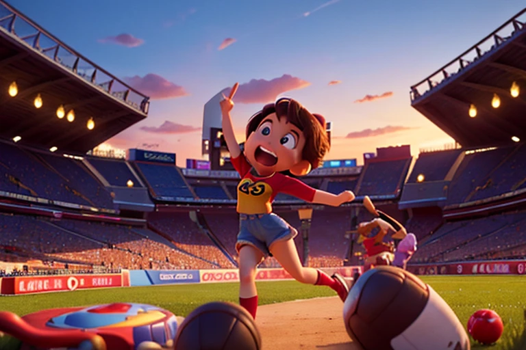 "Describe an emotional scene of a packed stadium, whose fast, intense images recall the vibrant, enchanting style of Disney Pixar films."