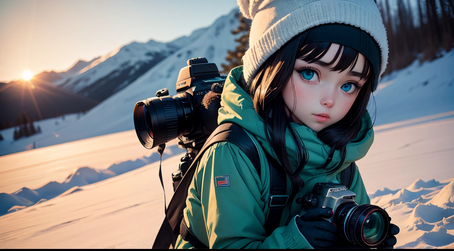 Anime Girl blue-green eyes, dark hair, and camera in a Photography winter Expeditions