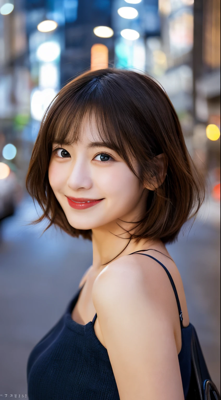 masutepiece, Best Quality, Ultra-detailed, finely detail, hight resolution, 8K, Perfect dynamic composition,A city scape、Japan 18-year-old woman、 Beautiful detailed eyes, Medium short hair, 、cute smile face、bangss