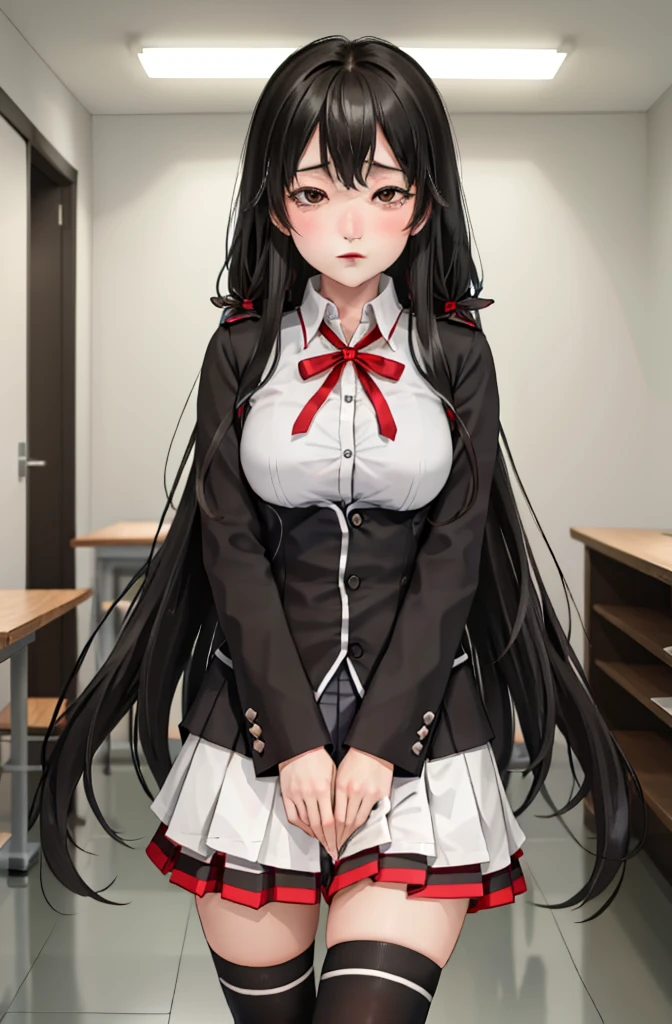 (full figure:1.1), 1 girl as yukino yukinoshita, absurdres, highres, solo, school uniform, big breasts, waist long black hair, (twintails:0.5), miniskirt, (black thighhigh socks:1.1), loose red ribbon, unbuttoned white shirt, (ahegao:1.1), (rolling eyes:1.1), (female masturbation:1.2)