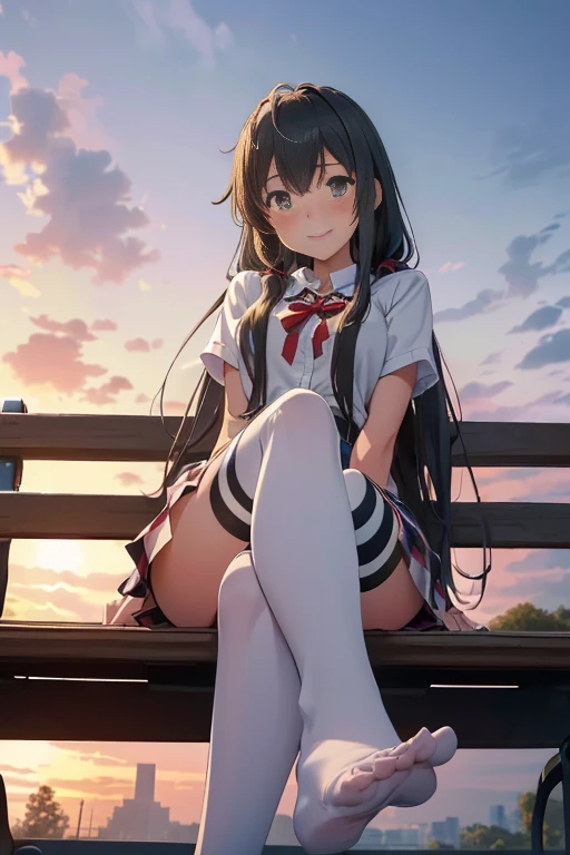 (masterpiece, best quality:1.2), cowboy shot, solo, 1girl, ((long twintails1.4)) yukinoshita yukino, ((wide smile1.4)), ((looking at viever:1.4)), ((Sky from below:1.4)), ((full body)), (sitting on bench:1.4)),((crossed legs:1.4)), school uniform, plaid skirt, ((thighhighs)), outside, ((blushing:1.4)), ((show feets:1.4)), sunny day