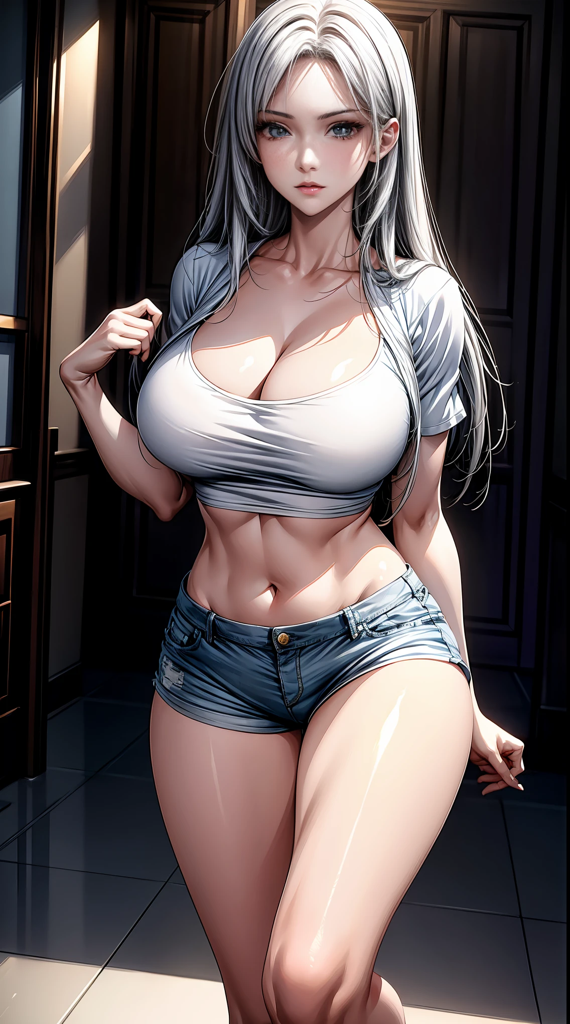 Best quality, tmasterpiece, A high resolution,8K,(realistically:1.4),超A high resolution,1个Giant Breast Girl, ultra - detailed, hyper realisitc, Very detailed CG illustration, offcial art, 电影灯光, actual, Young and beautiful girl, perfect body figure, perfect body figure, full pov, perfect bodies, (Starting below:1.3), lacivious pose, long sexy legs, Self-confident, Beautiful Sexy, Gray short sleeves, Open the abdomen, Super Shorts, S-shaped body, hip is cocked,placed in a,lewd poses,Different Perspectives