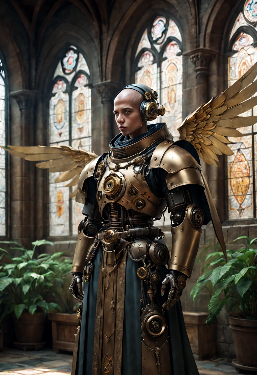 (best quality,4k,8k,highres,masterpiece:1.2),ultra-detailed,(realistic,photorealistic,photo-realistic:1.37),Medieval monastery,steampunk robot monk,(Traditional robe and headscarf),pray quietly,Light streaming through stained glass windows,Religious Art Style, 。ancient stone floor,Lush plants,Calm and tranquil environment,Steampunk machinery and gears,The engraving is complex,(Mechanical wings attached to the shoulders of a robot monk),metal surfaces,warm gold color palette,A combination of the future and the Middle Ages,Harmony of technology and spirit。