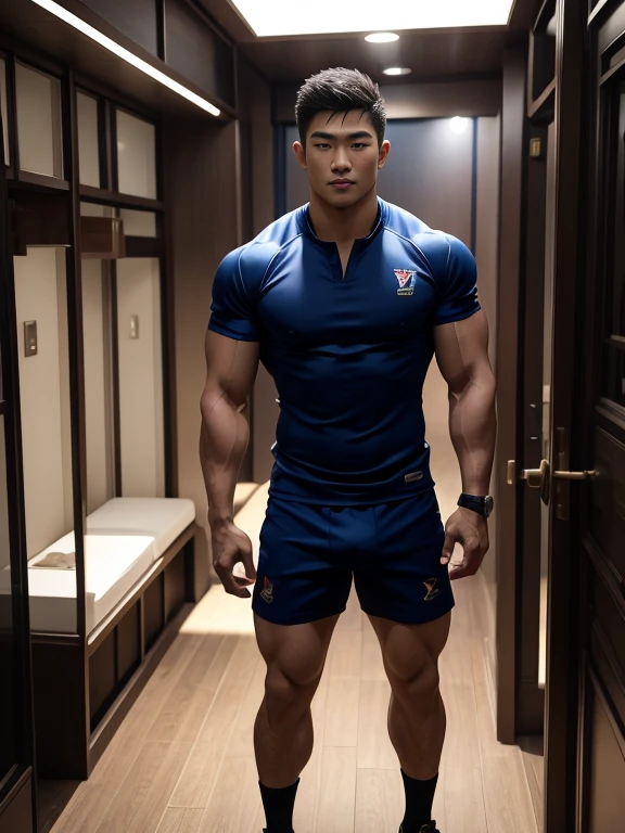 masseter membrane、well built、Asian people、male people、25 age old、cool guy、chest muscle、Brush cut、gay twinks、 scantily clad、cool guy、muscular eyed beauty、Introduction to Hyde&#39;s entry and exit.、NS rich sizes、Authentic texture、Full body photo、Ultra-thin transparent T-shaped、large bulge、Big bag、obvious cleavage、Rugby player、soles of feet、pioneer、Standing posture、ssmile、Portrait photos、profesional lighting、8K分辨率、beautifuldetails、ultra - detailed