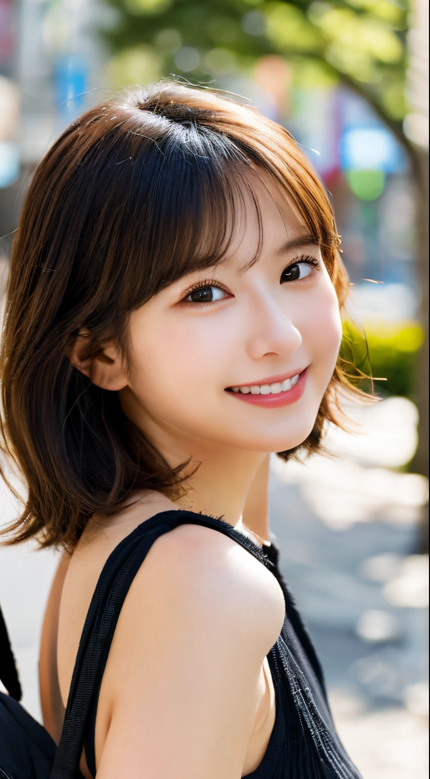 masutepiece, Best Quality, Ultra-detailed, finely detail, hight resolution, 8K, Perfect dynamic composition,A city scape、Japan 18-year-old woman、 Beautiful detailed eyes, Medium short hair, 、cute smile face、bangss