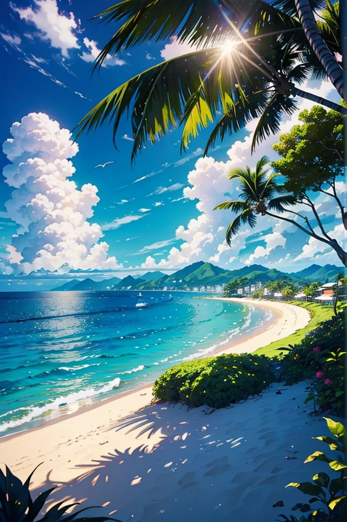 ​masterpiece、top-quality、超A high resolution、 [ 4 k digital art ]!!、 8k high quality detailed art、Wallpaper、 Detailed Digital Anime Art、Realisticity、Cinema Angle、(((There are no people)))、 (((Beautiful tropical beach landscape photography)))、light Particle、llight rays、Tropical、Against the background of palm trees、Sun-drenched beaches、Sea, Sky and clouds、