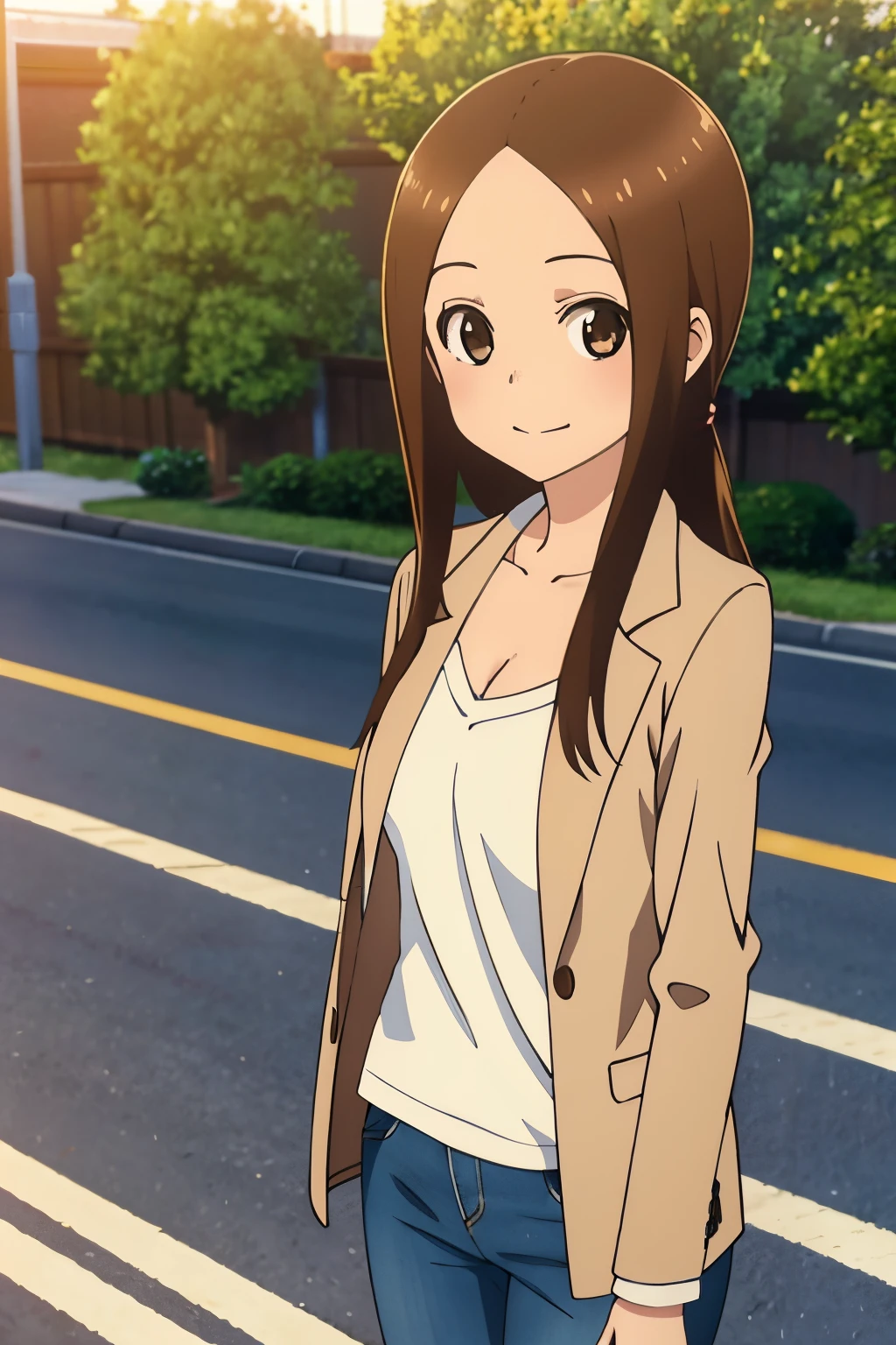 (Realistic), (Photorealistic), Takagi_San, Long hair, Low ponytail, ((white  shirt)), Brown hair, Part bangs, Brown eyes, large full breasts, cleavage of the breast, White shirt, Denim jeans, cream long coat, (Red muffler:1.1), Forehead, Smile, Looking at Viewer, masutepiece, Best Quality, (Colorful), volumatic light, Ray tracing, the Extremely Detailed CG Unity 8K Wallpapers, Smile, (looking at the viewers), Sunny, A road bathed in bright sunlight, learning forward, Holding hands with a child, 25-years old