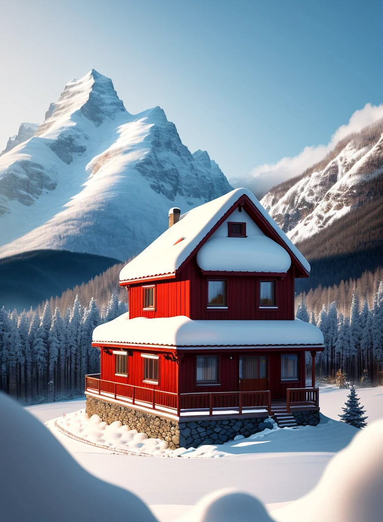 In a snowy mountain village,A small house nestled between distant mountains and mountains。The white snowflakes played,Falling gently among the trees,It adds a soft and hazy feeling to the whole picture。The cyan house and red windows stand out against the white background,They convey a little warmth to the world。The distant peaks blend into the blue sky,Forming a harmonious and beautiful picture,Let people feel the magic and charm of nature,Warm color palette,Ultra-clear photography photos,� ,peaceful,Calm