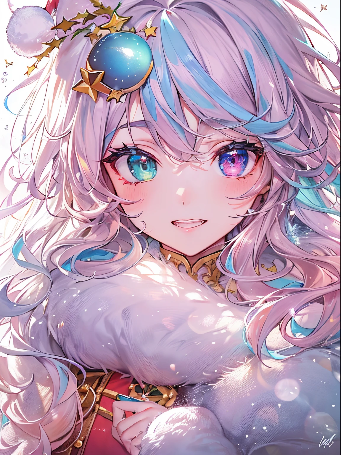 (2 girls in,8kDetails;1.5,8kResolution of;1.5), ((Christmas:1.2,santa costume:1.2)){{{Glitter Pupil:1.5, Heart-shaped pupil:1.5,eye glass:1.5}}}),((Half blue and half pink hair,Shiny hair,Glowing hair)), (Heterochromia), (Light focus :1.2, Warm light gradient:1.2,Bright light gradient , Lens Flare:1.3, Fluffy, kirakira, Dreamy), ((masutepiece, of the highest quality, Beautiful and aesthetic)), {{{The best lighting, Very delicate and beautiful,Cinematic Light}}}, (delicate detail,Hyper-detailing, intricate-detail)
