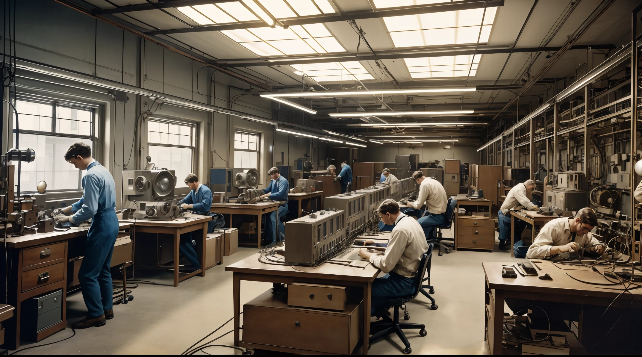 vintage color photograph of a group of engineers in their mid-thirties creating and building the very first computer. background is indoors of a lab with papers containing designs, machine parts, electrical tools and equipment all around the men. Cinematic lighting, perfect textures and reflections