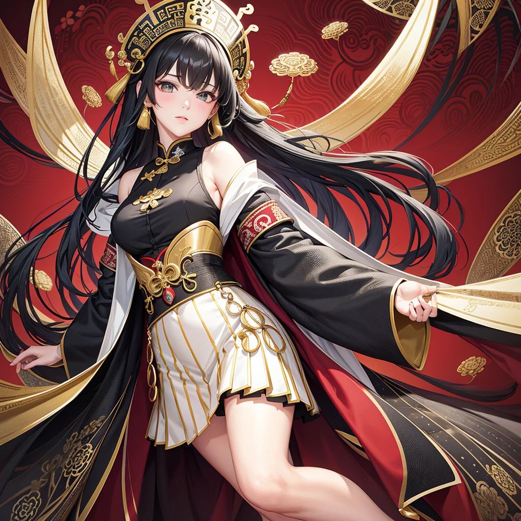 (tmasterpiece,quality,best qualtiy,offcial art,Beauty and aesthetics:1.2),(1girl:1.3),(s fractal art:1.3),masterpiece,best quality,8k,high detailed,ultra-detailed,An intense visual effect,traditional Chinese Tang Dynasty noble lady,red background,golden details,black and white patterns