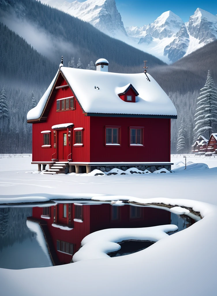 In a snow mountain village,A small house nestled between distant mountains and mountains。White snowflakes dance lightly,Falling gently among the trees,It adds a soft and hazy feeling to the whole picture。The cyan house and red windows stand out against the white background,They convey a little warmth to the world。The distant peaks blend into the blue sky,Form a harmonious and beautiful picture,Let people feel the magic and charm of nature,warm color palette,Ultra-clear photography photos,� ,Calm,dispassionate