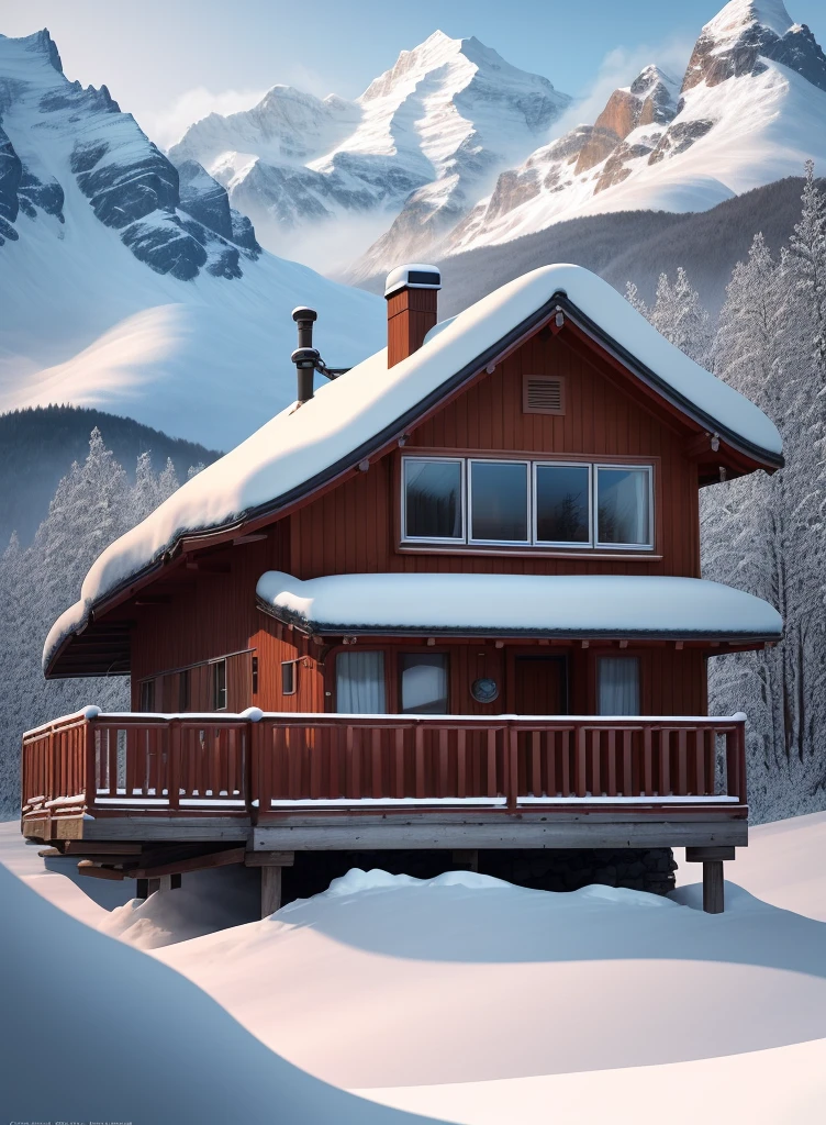 In a snow mountain village,A small house nestled between distant mountains and mountains。White snowflakes dance lightly,Falling gently among the trees,It adds a soft and hazy feeling to the whole picture。The cyan house and red windows stand out against the white background,They convey a little warmth to the world。The distant peaks blend into the blue sky,Form a harmonious and beautiful picture,Let people feel the magic and charm of nature,warm color palette,Ultra-clear photography photos,� ,Calm,dispassionate