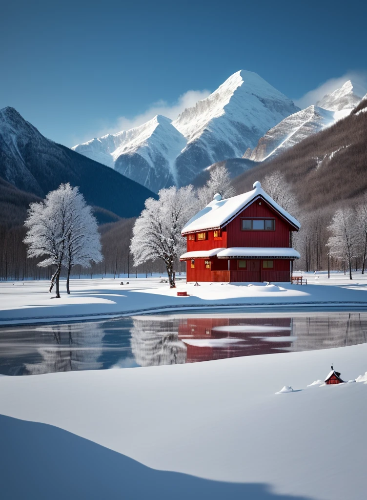 In a snow mountain village，A small house nestled between distant mountains and mountains。White snowflakes dance lightly，Falling gently among the trees，It adds a soft and hazy feeling to the whole picture。The cyan house and red windows stand out against the white background，They convey a little warmth to the world。The distant peaks blend into the blue sky，Form a harmonious and beautiful picture，Let people feel the magic and charm of nature，warm color palette，Ultra-clear photography photos，� ，Calm，dispassionate